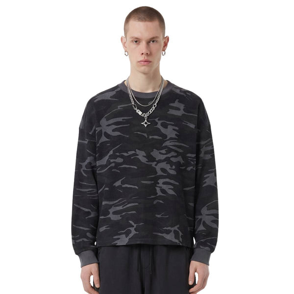 Men's Camouflage Waffle Crew Neck Loose Fit Tee Shirt