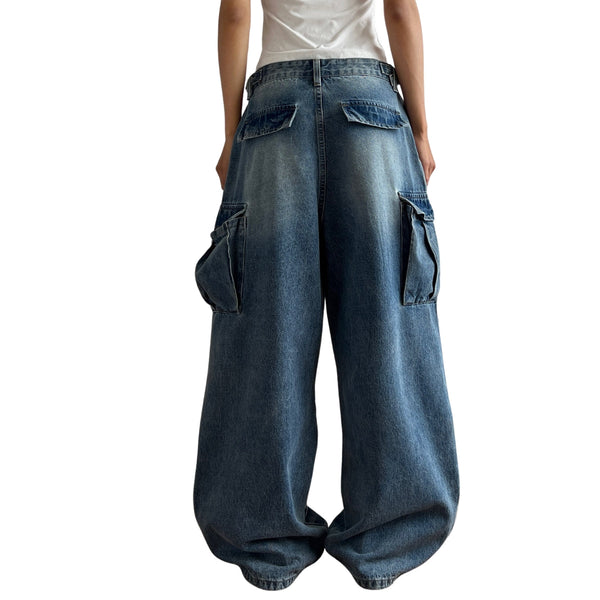 Pleated Vintage Wash Denim Baggy Jeans