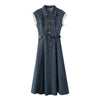 Cap Sleeve Belted Midi Denim Dress