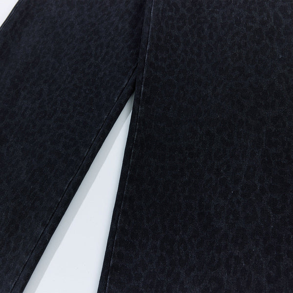 Vintage Washed Leopard Print Relaxed Wide Jeans