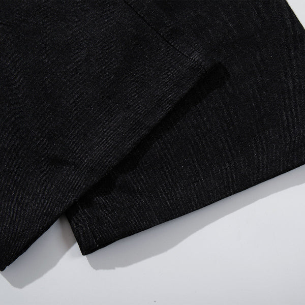 Croc Textured Panels Edgy Black Denim Wide Leg Jeans