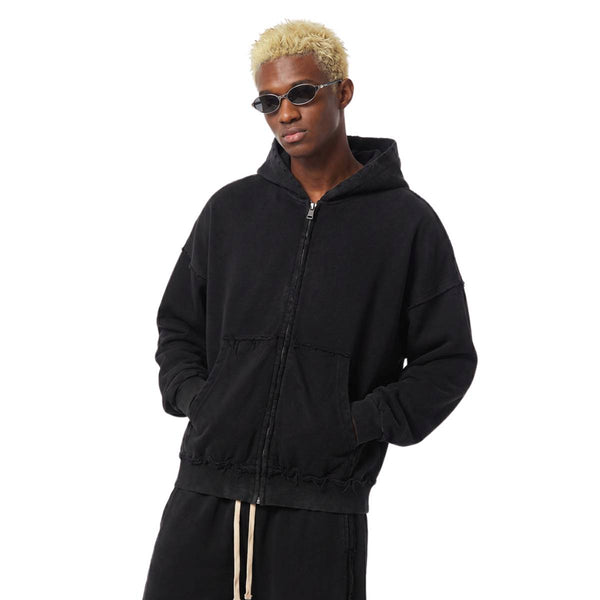 Washed Raw Edge Double Slider Zip Hoodie