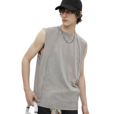 Distressed Raw Hem Patchwork Acid Wash Sleeveless Tank Tee