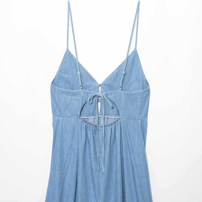 Spaghetti Straps Bow Denim Maxi Dress