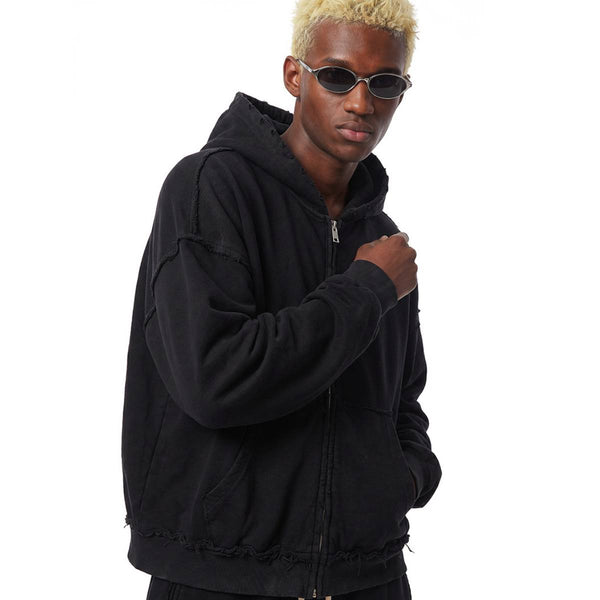 Washed Raw Edge Double Slider Zip Hoodie