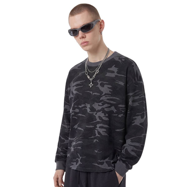Men's Camouflage Waffle Crew Neck Loose Fit Tee Shirt