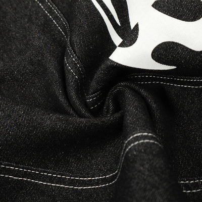 Flame Print Black Wide Leg Denim Shorts