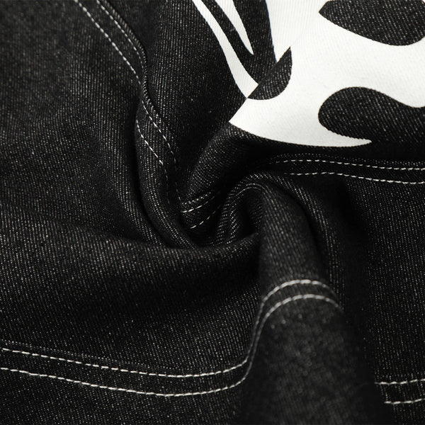 Flame Print Black Wide Leg Denim Shorts
