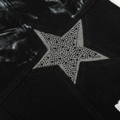 Painted Distress Black Wide Leg Star Patch Jeans