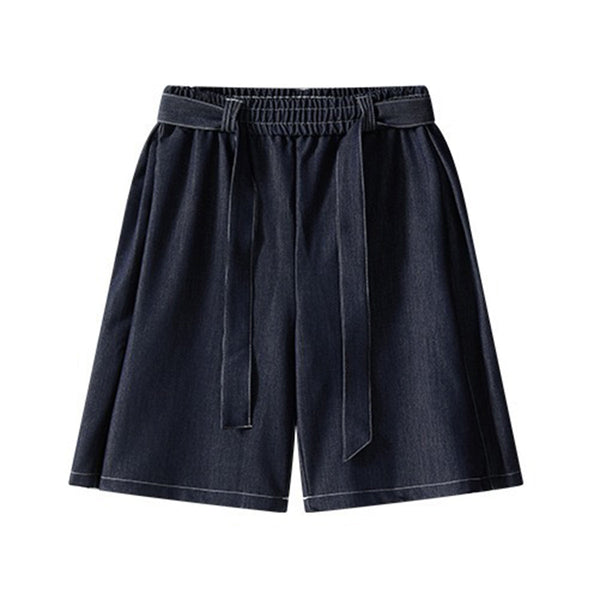 High Waist Tie Belt Relaxed Denim Shorts