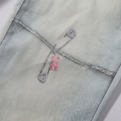 Vintage Digital Print Faux Denim Jeans