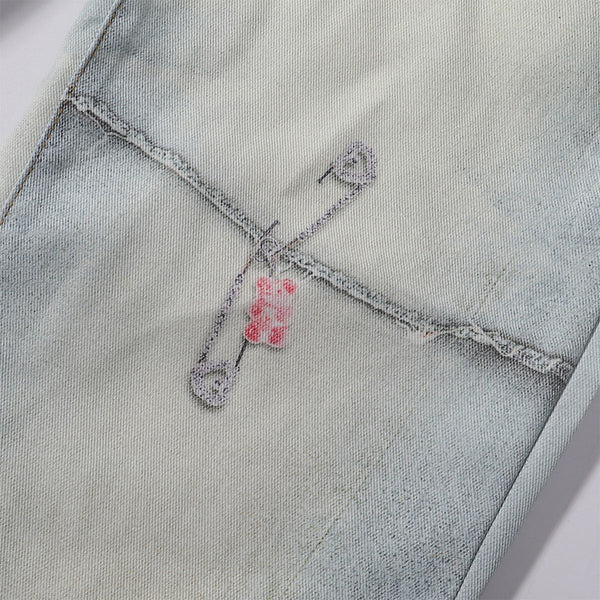 Vintage Digital Print Faux Denim Jeans