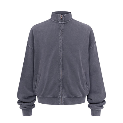 Vintage Zip-Up Ribbed Stand Collar Sweatshirt