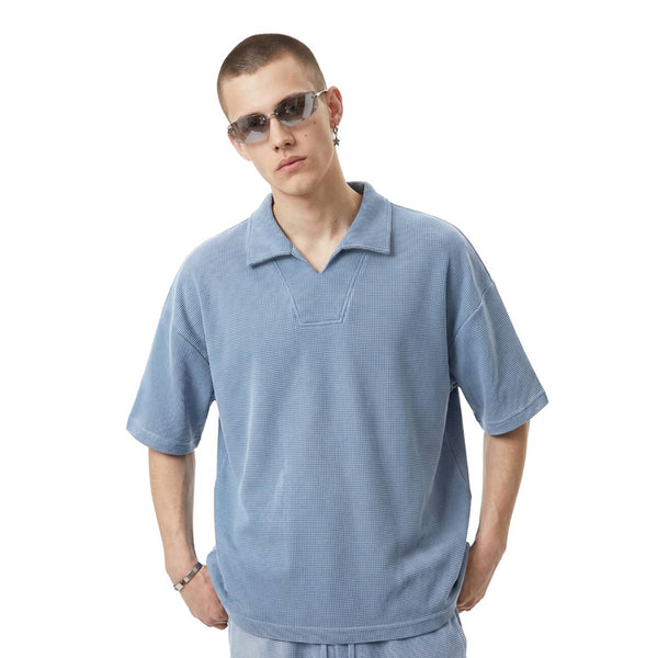 Vintage Snow Washed Waffle Knit V-Neck Polo Tee