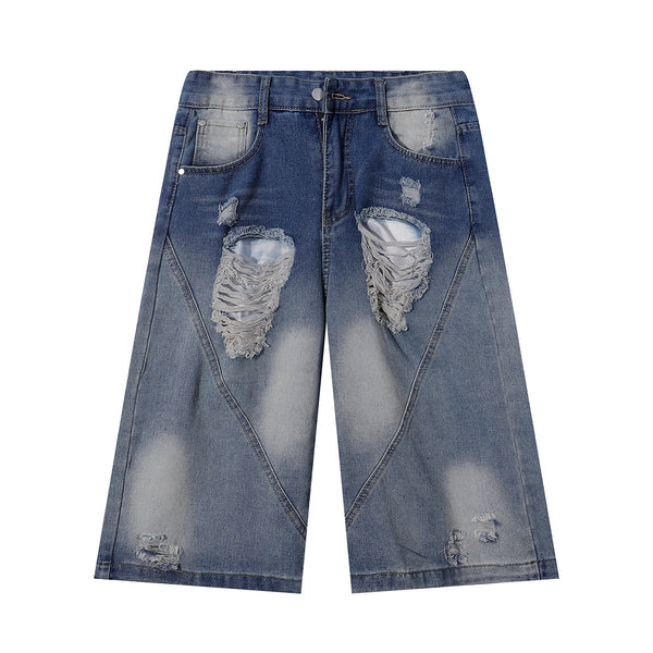 Distressed Ripped Panel Stitching Streetwear Denim Shorts