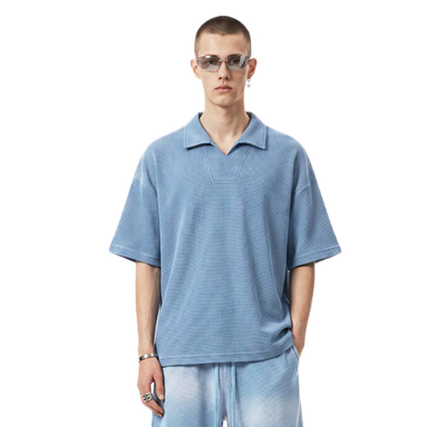 Vintage Snow Washed Waffle Knit V-Neck Polo Tee