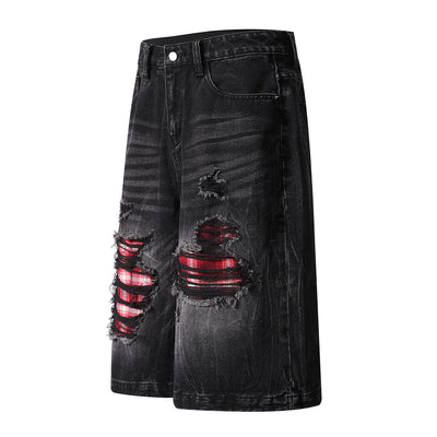 Ripped Patchwork Plaid Denim Bermuda Shorts