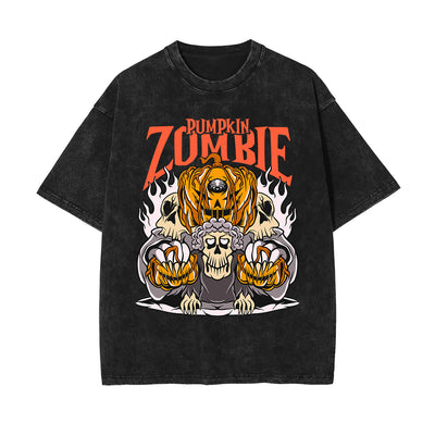 Pumpkin Zombie Graphic Washed Tee-INNBLAC