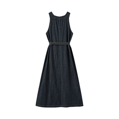 Sleeveless Self-Tied Denim Midi Dress