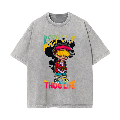 Keep Calm And Thug Life Graphic Washed Tee-INNBLAC