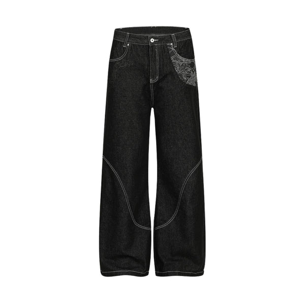 Men's Embroidered Denim Wide Leg Pants Street Vibe Unique Pockets