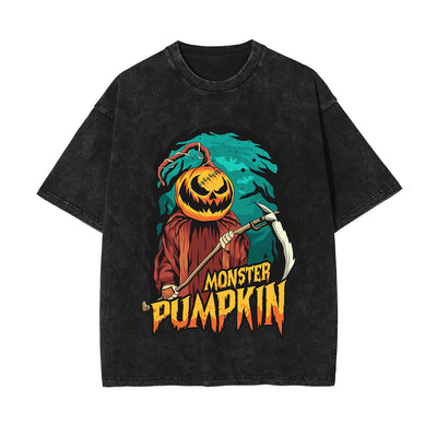 Monster Pumpkin Graphic Washed Tee-INNBLAC