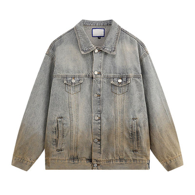 Unisex Retro Street style Distressed Washed Blue&yellow Mud-dyed Denim Jacket