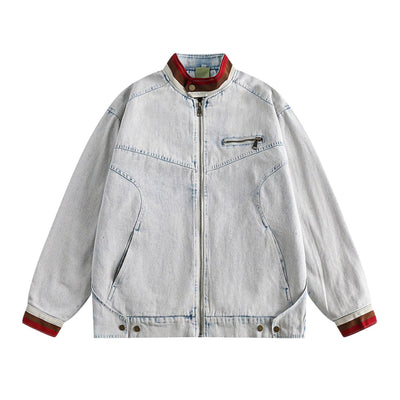 American Trendy Washed Color-blocking Stand-up Collar Denim Jacket