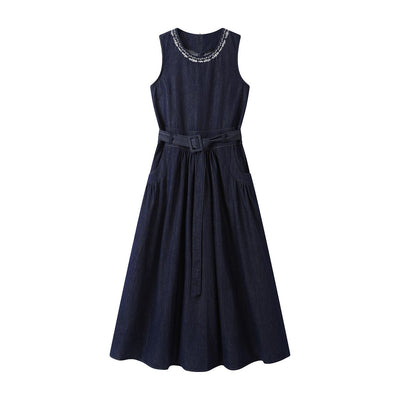 Embroidery Sleeveless Belted Denim Midi Dress