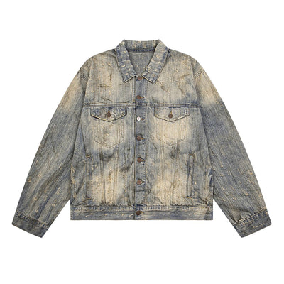 Distressed Washed Slub Denim Jacket with Dirty Dye