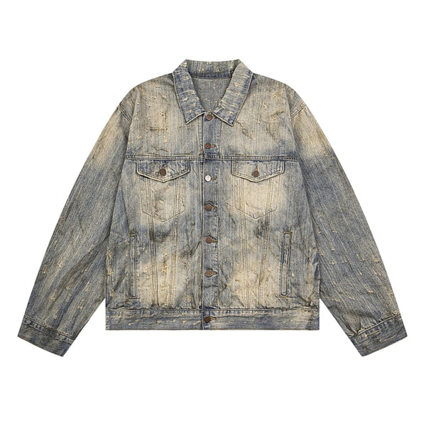 Distressed Washed Slub Denim Jacket with Dirty Dye