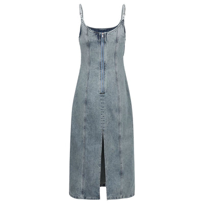 Front-Zipper Bodycon Denim Midi Dress