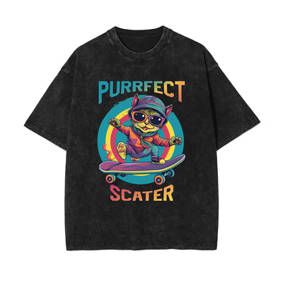 Cute Cat Stone Wash Graphic Tee-INNBLAC