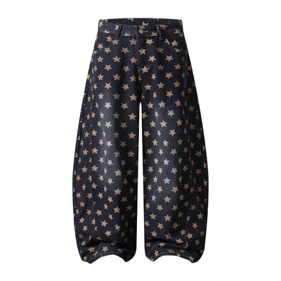 Vintage Star Print Loose Wide-Leg Denim Pants