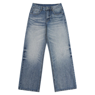 Vintage Washed Crease Effect Wide Leg Baggy Denim Jeans