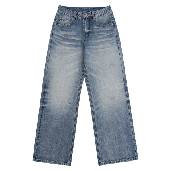 Vintage Washed Crease Effect Wide Leg Baggy Denim Jeans