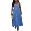 Button-Front Belted Denim Slip Midi Dress
