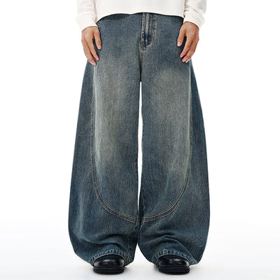 Vintage Contrast Fade Dark Wash Curved Wide Leg Jeans