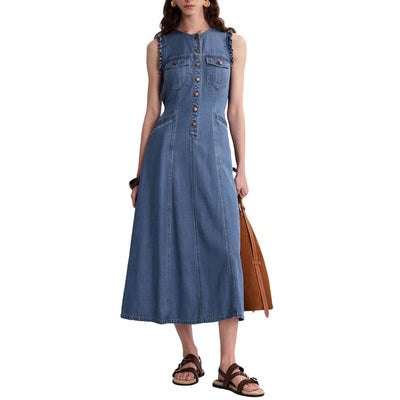 Relaxed Fit Sleeveless Denim Midi Dress