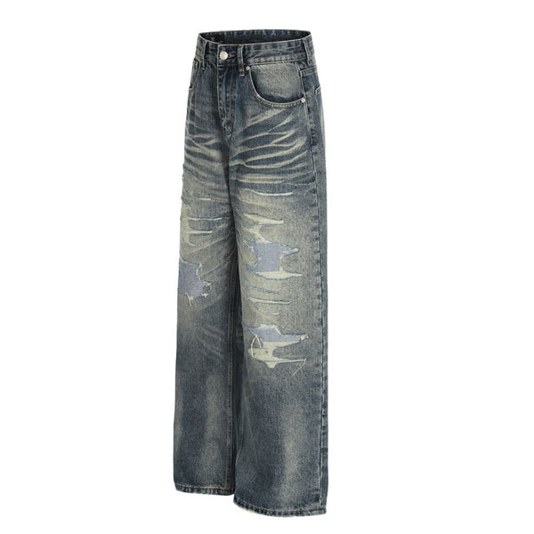 Men's Distressed Gradient Washed Denim Pants Loose Punk Street