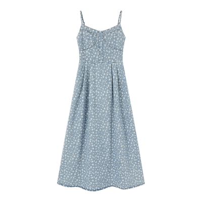 Floral Print Denim Spaghetti-Strap Dress