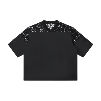 Openwork Lace-Stitching V-Neck Boxy Tee