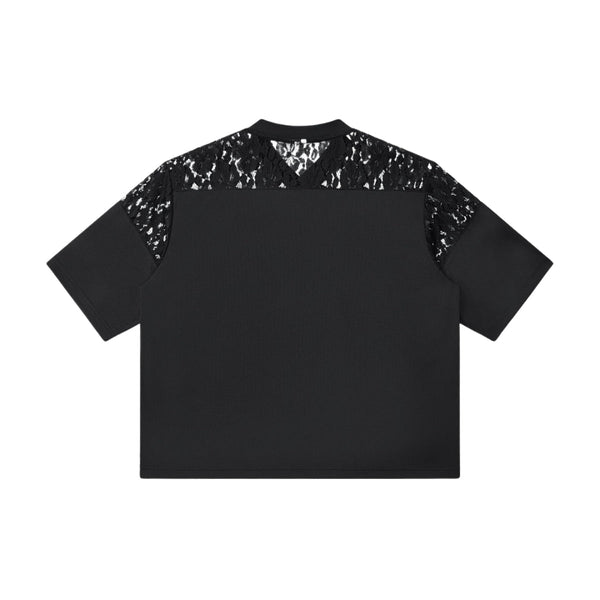 Openwork Lace-Stitching V-Neck Boxy Tee