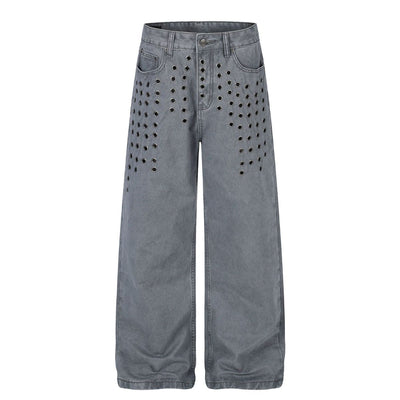 Vintage Washed Eyelet Wide Leg Denim Jeans