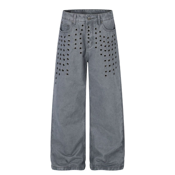 Vintage Washed Eyelet Wide Leg Denim Jeans