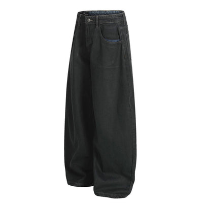 Men's Distressed Washed Denim Curved Pants Loose Wide Leg Street