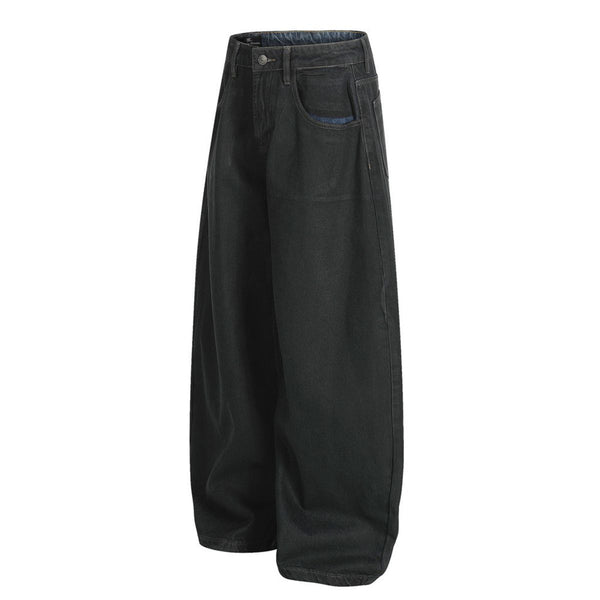 Men's Distressed Washed Denim Curved Pants Loose Wide Leg Street