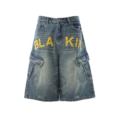 Printed Multi Pocket Denim Cargo Shorts