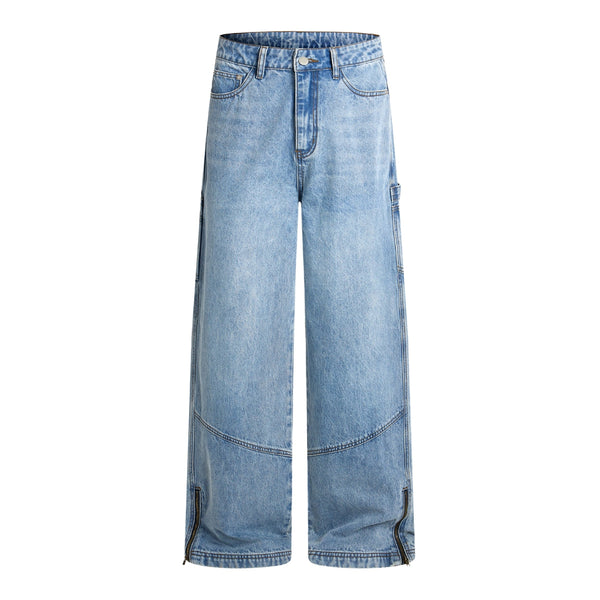 Zipped Panelled Streetwear Baggy Straight-Leg Jeans