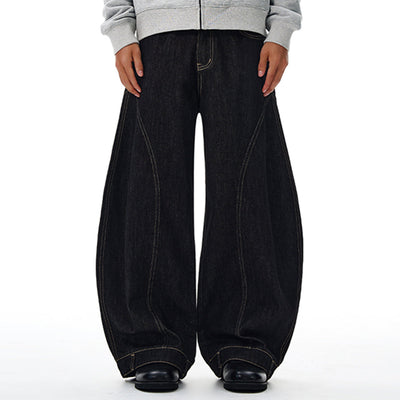 Curved Seam Wide Leg Denim Trousers Dark Indigo Wash